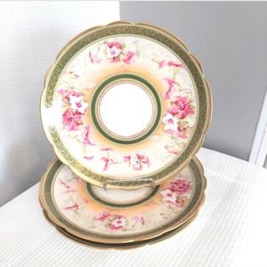 Vtg Limoges Mavaleix Coronet Plates Green Ring Pink Floral Scalloped Edge Gold